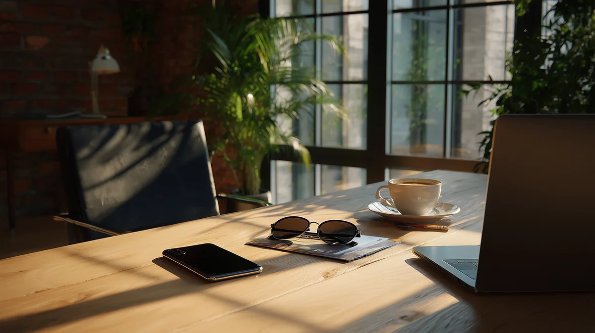 Leeg bureau van een adviseur met een telefoon, zonnebril en koffie: ORVIA houdt uw social media bij, ook als u er niet bent